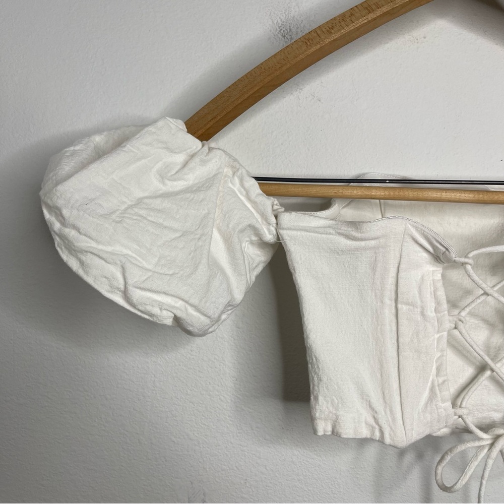 SEVEN Wonders Ivory Puff Sleeve Off Shoulder Cotton Tie Corset Crop Top Sz S - Picture 8 of 16